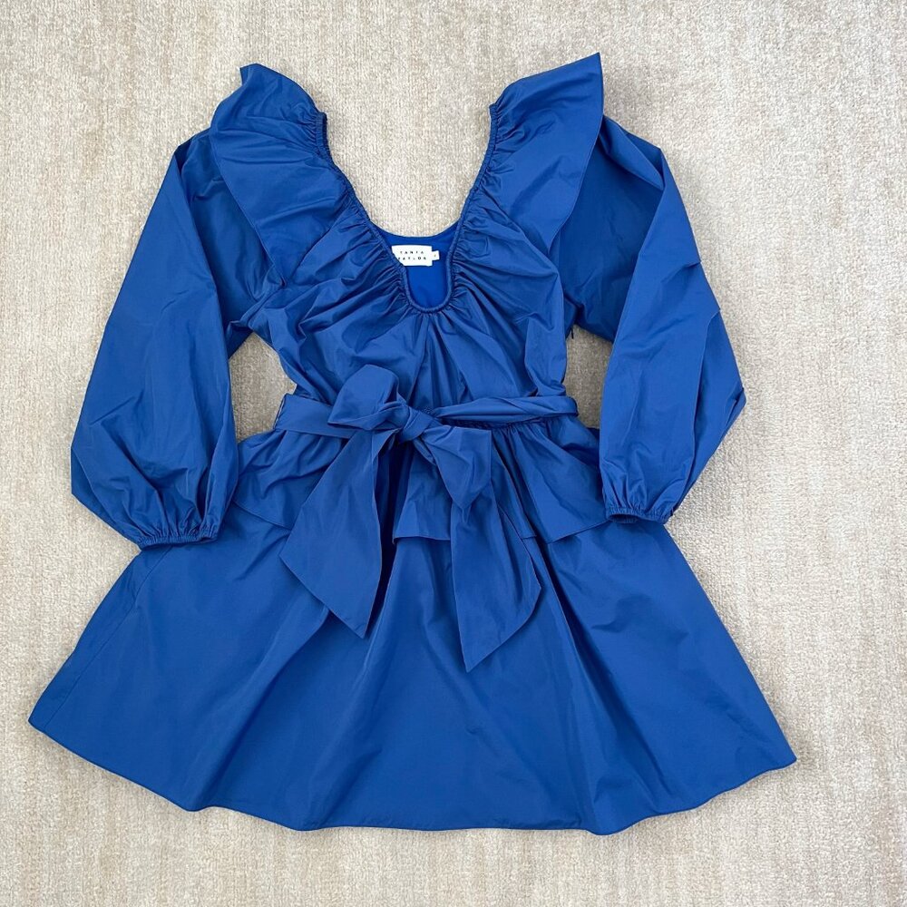 Tanya Taylor Ashley Plunge Ruffle Blue Mini Dress With Pockets 8